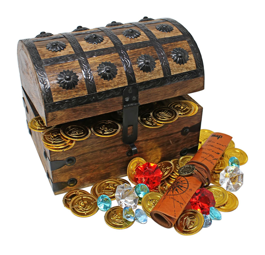 Pirate Treasure Chest with Gold Coins/Gems and Pirate Map – Nautical Cove